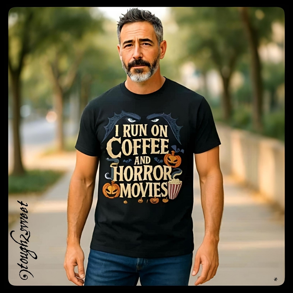 🆕️MENS XXL "I RUN ON COFFEE & HORROR MOVIES" GRAPHIC TSHIRT - Picture 2 of 13